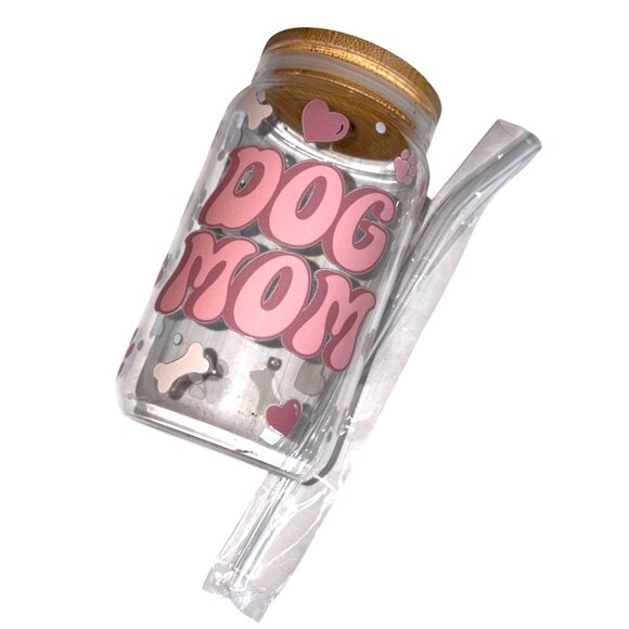 16 Oz Iced Coffee/Iced Drink Glass With Lid & Glass Straw-Dog Mom - Picture 2 of 5